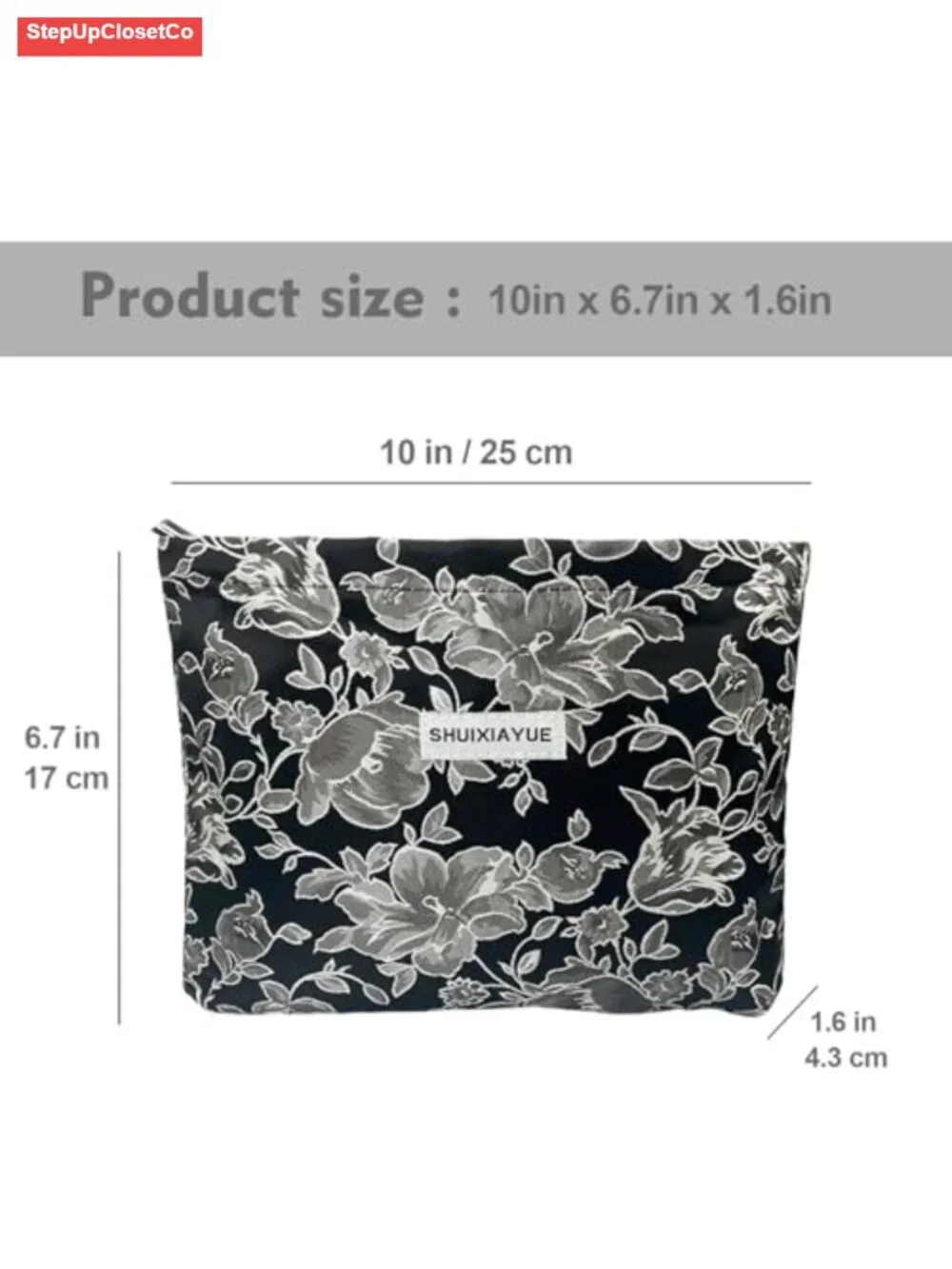 Large Canvas Cosmetic Bag with Zipper - Floral Embroidery Travel Toiletry Pouch